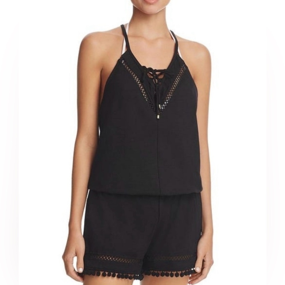 Ella Moss Medallion‎ Melody Romper Coverup XS Black Pom Pom V-Neck Tencel Cotton